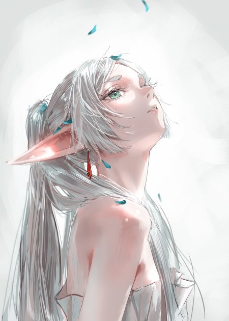 银发精灵少女仰望青叶飘落粉白动漫手机壁纸