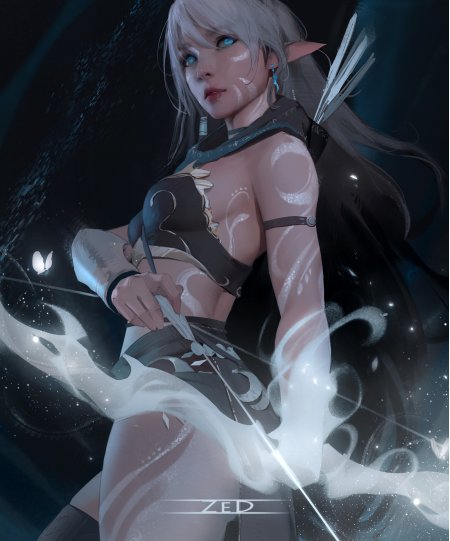 银发蓝瞳精灵少女持弓凝视幽蓝奇幻动漫手机壁纸
