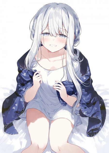 银发蓝眸少女披深蓝外衫浅灰内裙柔和粉紫动漫手机壁纸
