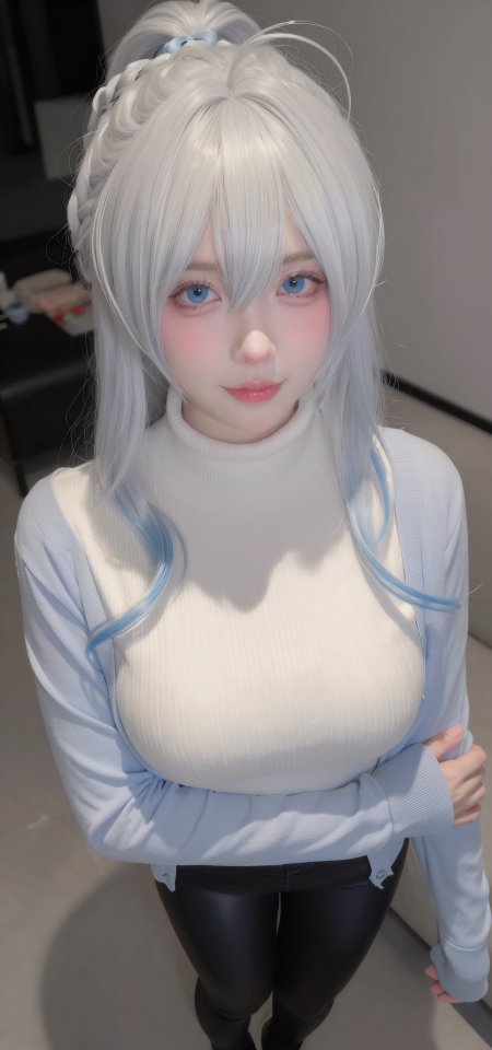银发蓝瞳少女高马尾编发白高领毛衣浅蓝开衫黑皮裤清冷蓝白动漫角色手机壁纸