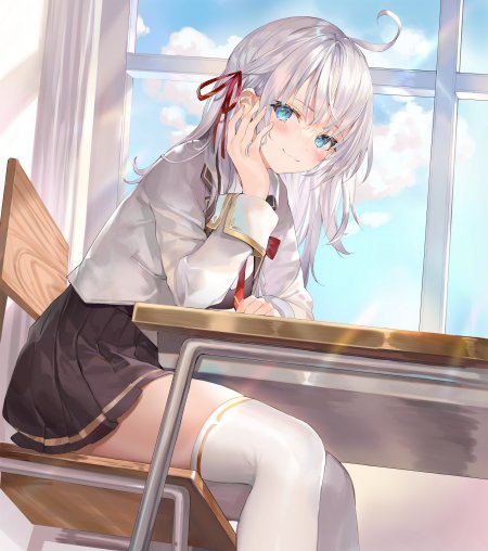 银发蓝眼少女教室托腮微笑粉白动漫手机壁纸