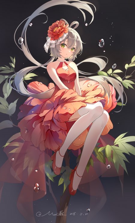 银发绿眸少女红裙花冠水珠飘逸暗紫动漫手机壁纸