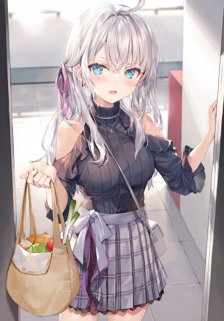 银发蓝眼少女提菜篮倚门浅笑紫灰格裙动漫手机壁纸