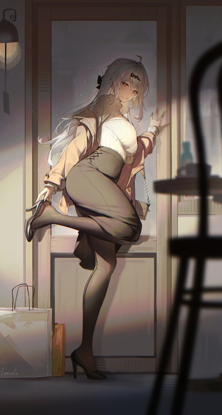 银发少女单腿倚门回眸暖灰动漫手机壁纸