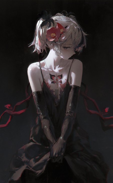 银发少女红花黑裙暗纹蝴蝶胸前暗黑唯美动漫手机壁纸