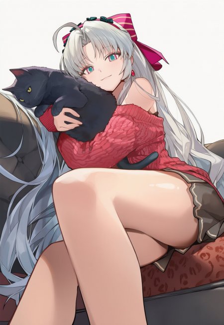 银发少女怀抱黑猫红衣粉紫动漫手机壁纸