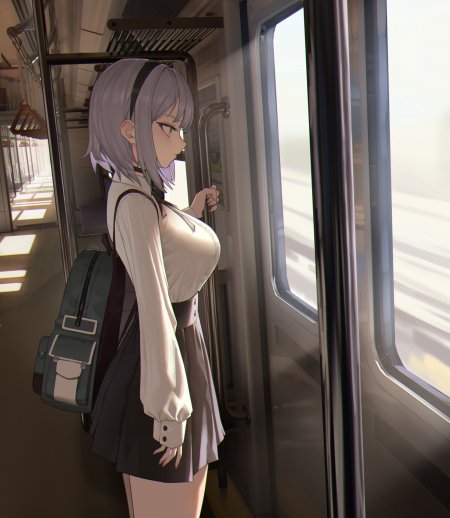 银发少女校服背包车厢窗边侧影柔和光影动漫手机壁纸