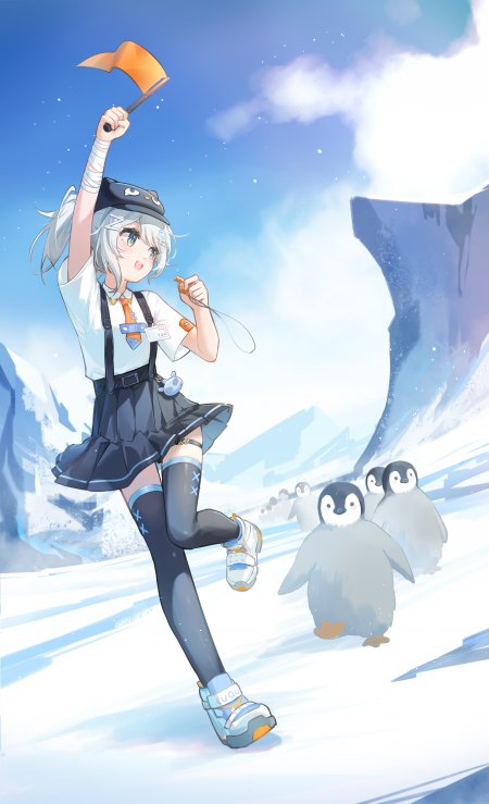 银发少女举橙旗奔跑雪地企鹅相伴蓝白动漫手机壁纸