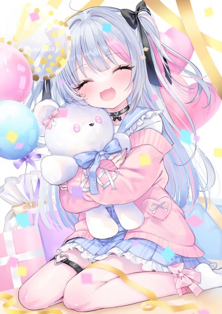 银发双马尾少女抱白熊玩偶粉蓝庆祝氛围动漫手机壁纸