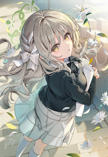 银发双马尾少女手持卷轴白花飘落柔光动漫手机壁纸