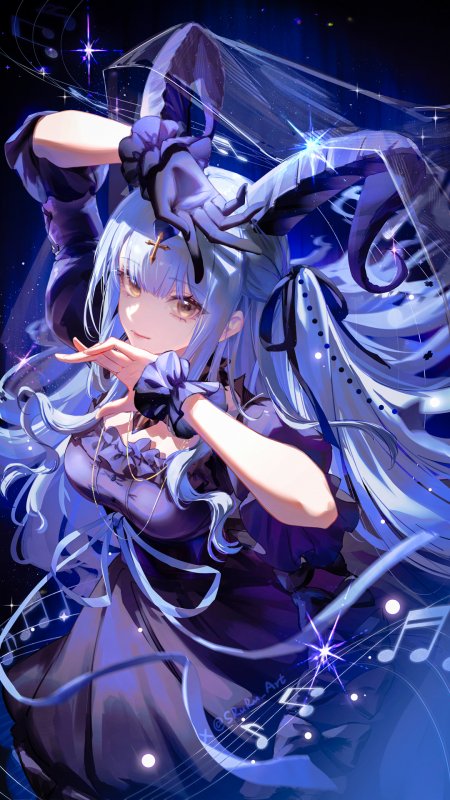银发兔耳少女十字架装饰蓝紫星光梦幻动漫手机壁纸