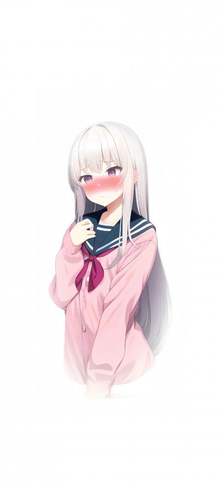 银发紫瞳水手服少女微羞粉白动漫手机壁纸