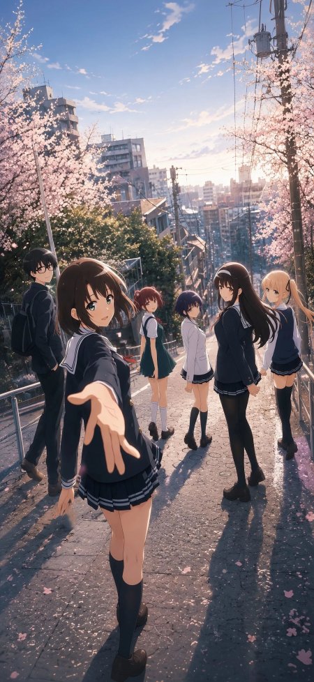 樱花街道少女伸手回眸粉紫动漫手机壁纸