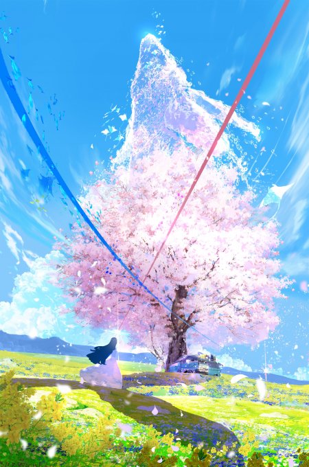樱花树下黑发少女仰望水鲸跃空蓝粉梦幻动漫手机壁纸
