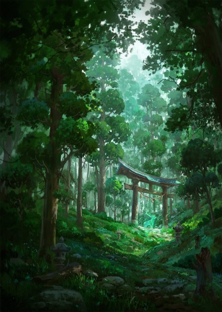 幽深森林鸟居鹿影青绿奇幻风景动漫手机壁纸