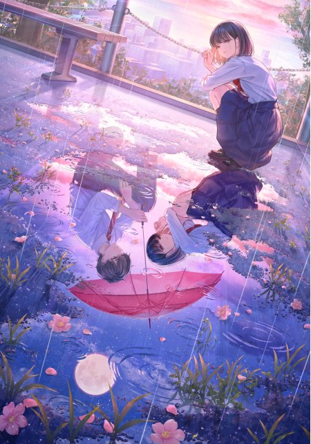雨中少女蹲坐水洼倒影少年撑红伞粉紫梦幻动漫手机壁纸