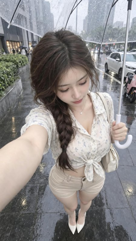 雨中自拍长辫美女浅花衬衫米短裤白高跟暖灰人物摄影手机壁纸