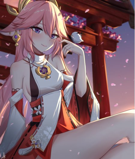 原神八重神子粉发紫瞳鸟居樱花下微笑动漫手机壁纸