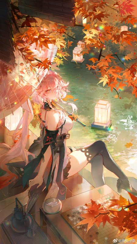 原神八重神子粉发少女枫叶和伞温泉围棋动漫手机壁纸