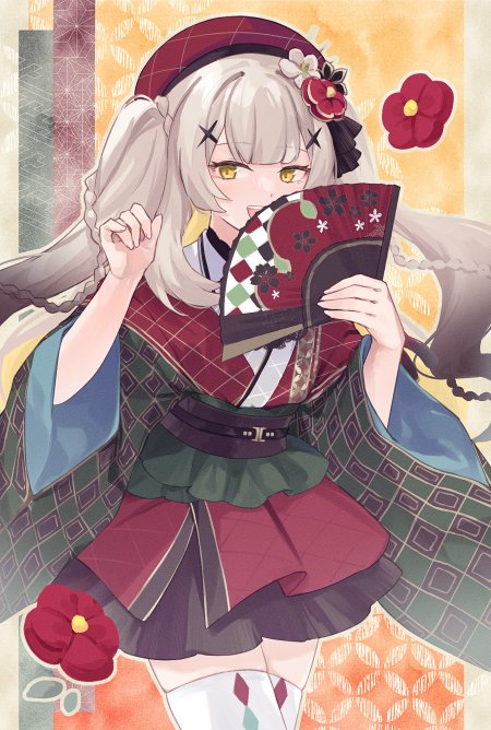 原神白发金眼少女和服折扇日式插画动漫手机壁纸