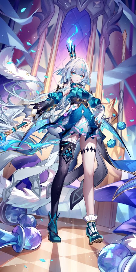 原神芙宁娜蓝裙少女舞台王冠手机壁纸