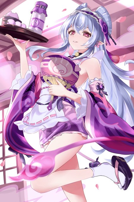 原神梦见月瑞希紫白发少女端托盘和果动漫手机壁纸