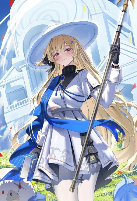 原神娜维娅蓝白礼服持杖微笑少女动漫手机壁纸