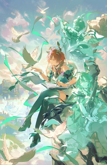 原神温迪绿衣红发白鸽环绕少年游戏手机壁纸