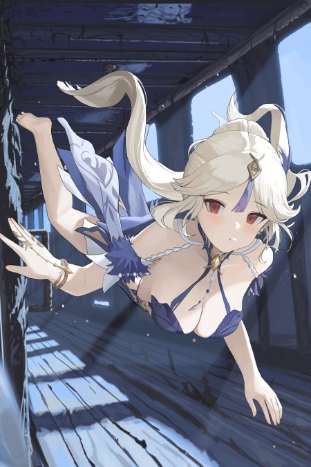 原神荧金发双马尾蓝色泳装戏水少女游戏手机壁纸