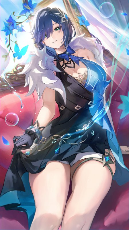 原神优菈蓝发绿眸白毛领蓝黑战裙少女动漫手机壁纸