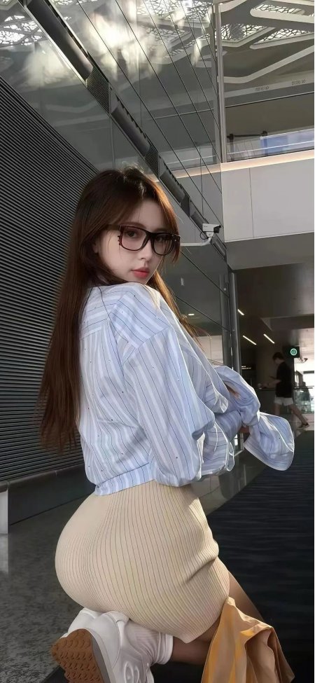 长发戴眼镜美女蓝白条纹衬衫米色针织裙暖调人物摄影手机壁纸