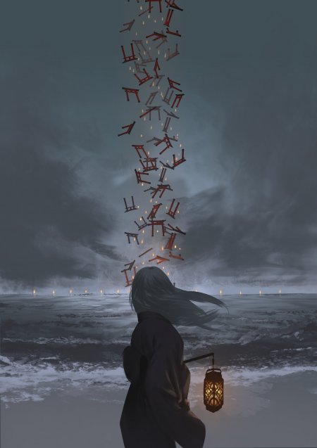 长发黑衣少女手持灯笼仰望升空鸟居暗灰奇幻手机壁纸