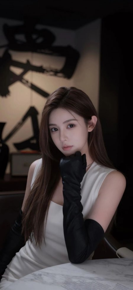 长发美女白裙黑手套优雅坐姿暗调人物摄影手机壁纸