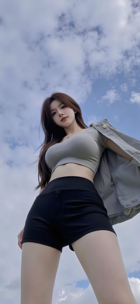 长发美女灰衫黑短裤蓝天白云下低角度拍摄暖调人物摄影手机壁纸