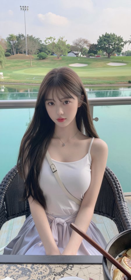 长发少女白吊带浅紫裙坐椅临水绿茵背景柔光人物摄影手机壁纸