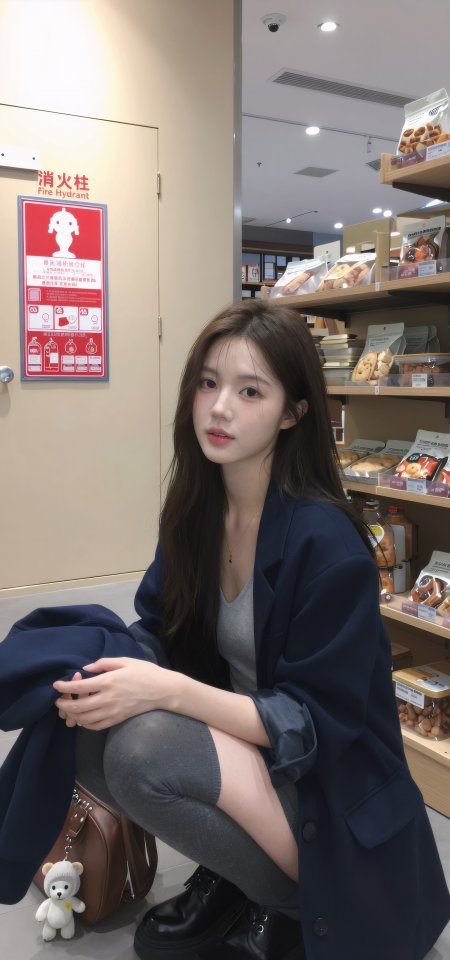长发少女蹲坐甜品店旁深蓝西装灰袜黑靴暖光人物摄影手机壁纸