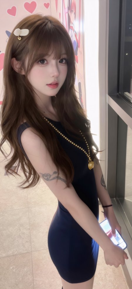 长发少女黑裙金链白蝶发饰粉心背景美女人物摄影手机壁纸