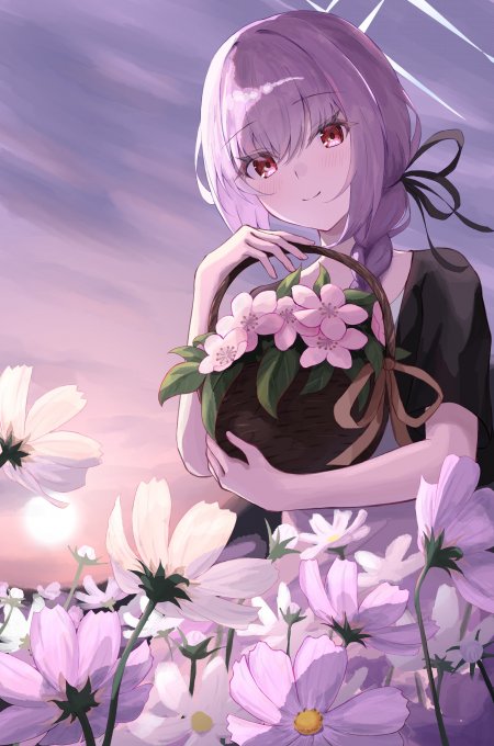 紫发红瞳少女手捧花篮粉紫梦幻动漫手机壁纸