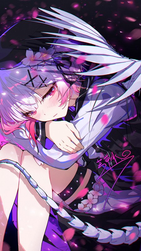 紫发红瞳少女樱花飘落暗紫动漫手机壁纸