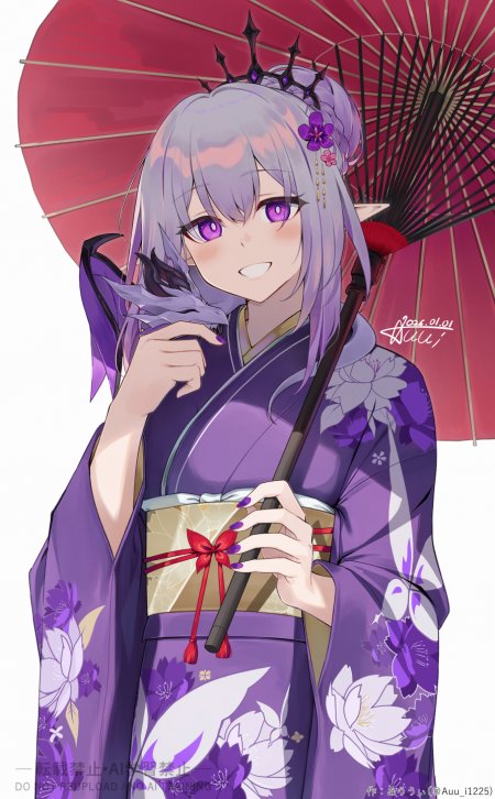 紫发精灵少女持红伞着和服紫白花卉动漫手机壁纸