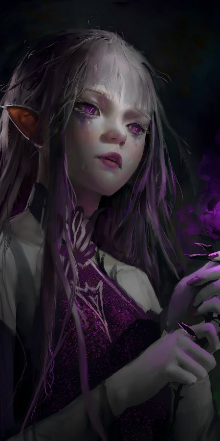 紫发精灵少女泪眼凝望暗紫奇幻动漫手机壁纸
