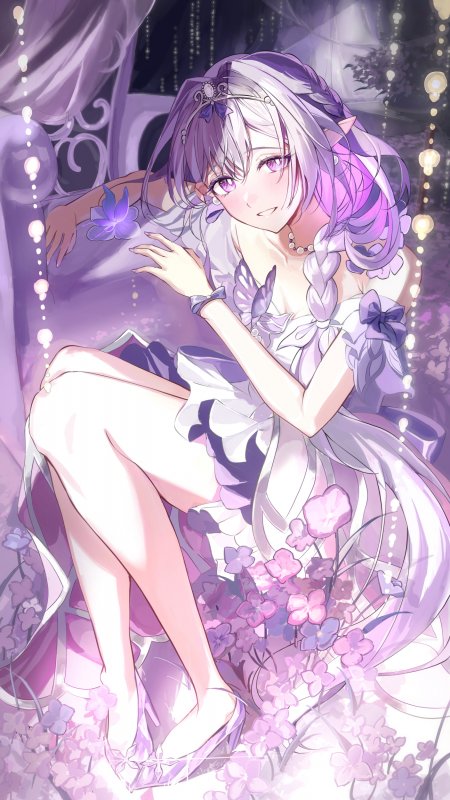 紫发精灵少女坐姿优雅粉紫梦幻动漫手机壁纸