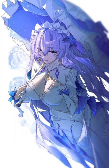 紫发蓝眼撑蓝色蕾丝洋伞少女动漫手机壁纸