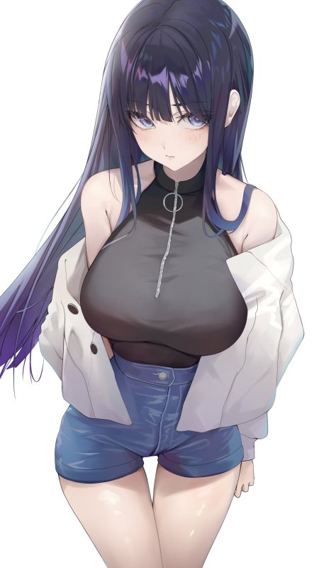 紫发蓝瞳少女黑衣白外套蓝短裤动漫手机壁纸