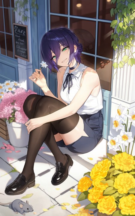 紫发绿眸少女坐阶持雏菊蓝白清新动漫手机壁纸