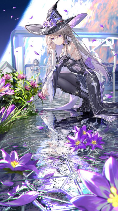 紫发魔女巫师帽蹲姿触花紫金梦幻动漫手机壁纸