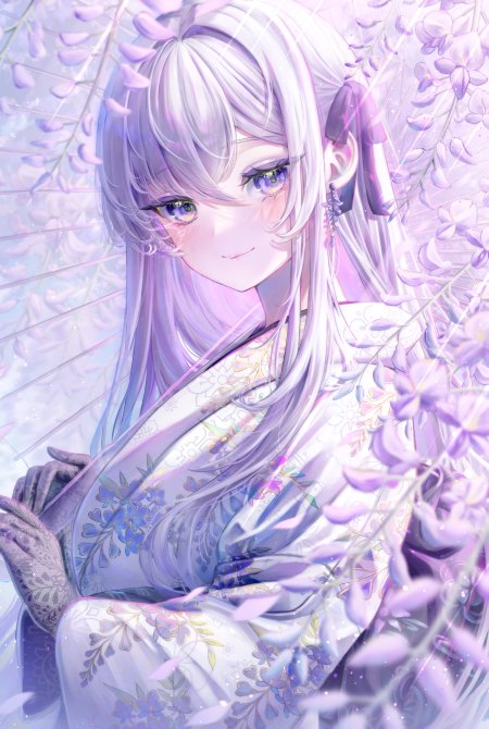 紫发少女和服花藤环绕粉紫梦幻动漫手机壁纸