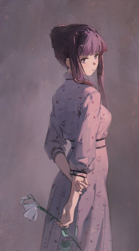 紫发少女回眸持白花淡紫柔和动漫手机壁纸
