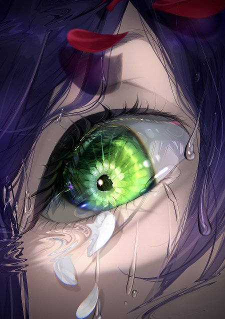 紫发少女绿色眼眸泪滴飞溅暗紫唯美动漫手机壁纸