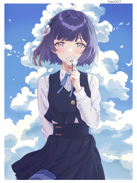紫发少女手持雏菊蓝天白云动漫手机壁纸